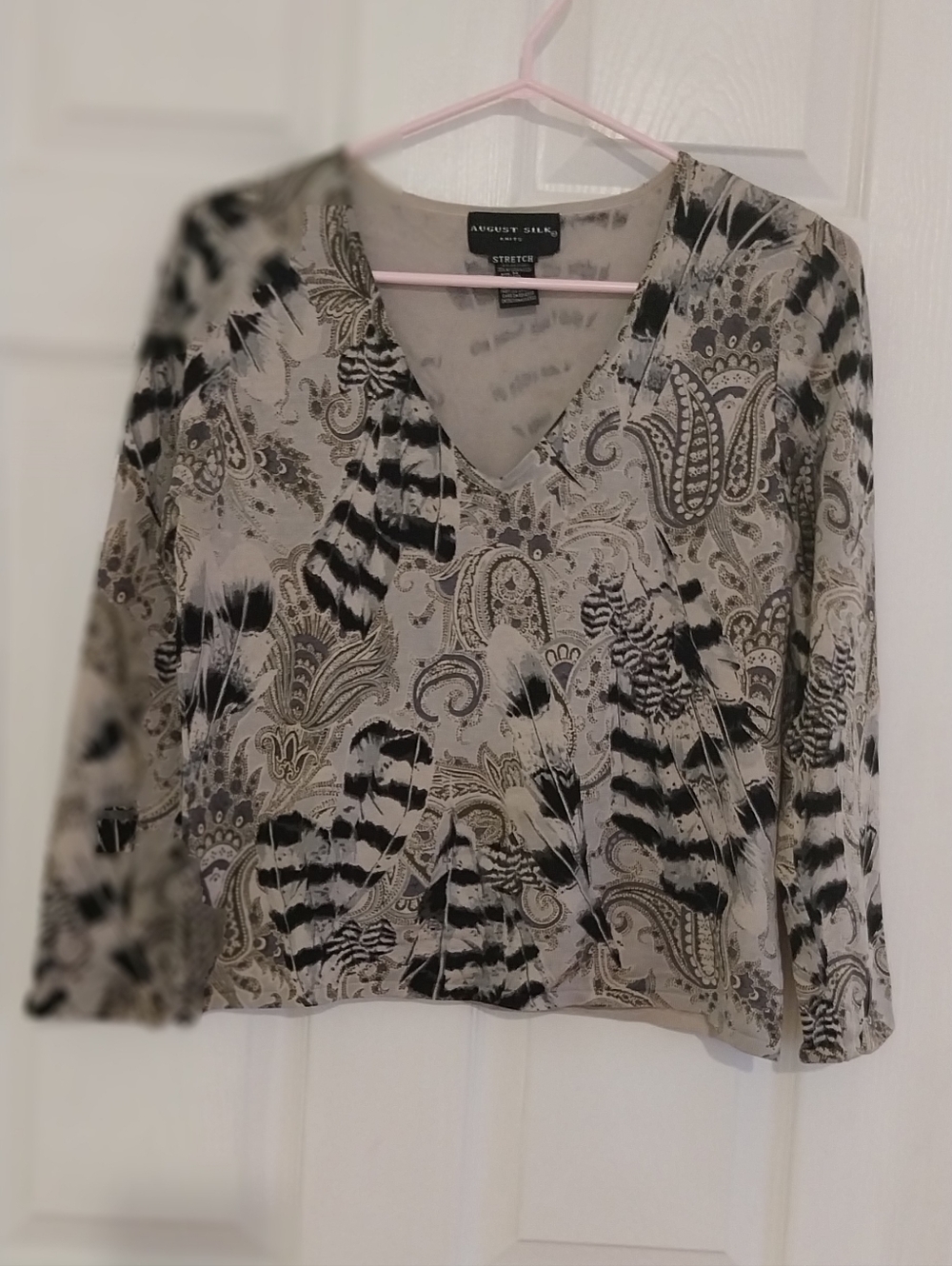 Vibrant august silk Long Sleeve V-Neck Top - Taupe, Black & Cream Paisley